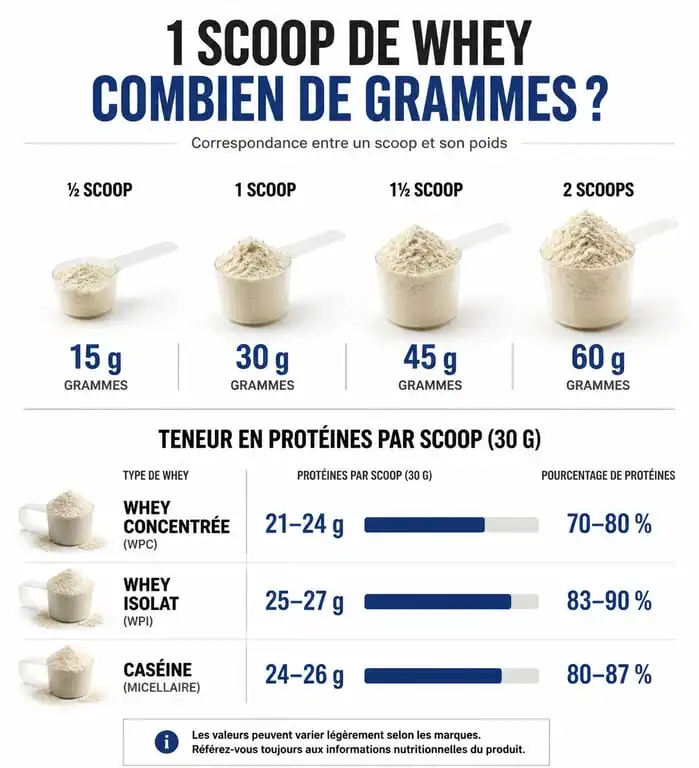 Infographie montrant la correspondance entre 1 scoop de whey en gramme et la teneur en protéines