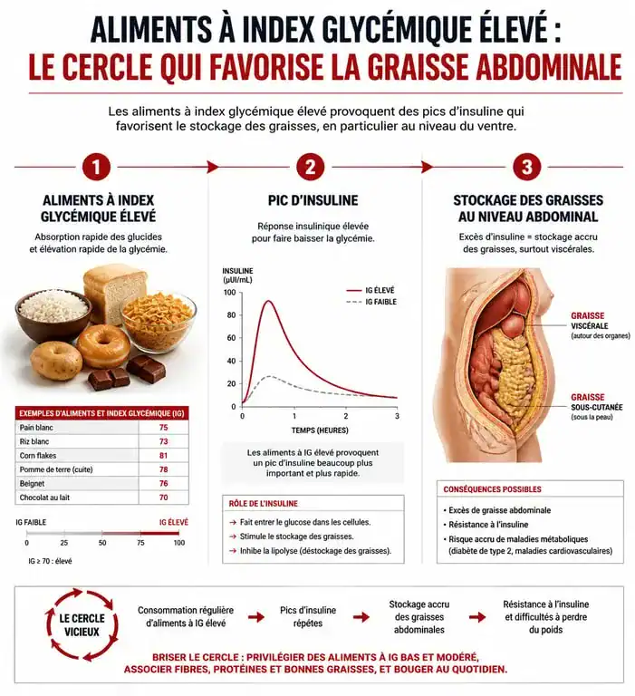 Infographie sur l'indice glycémique et le stockage de la graisse abdominale pour maigrir du ventre