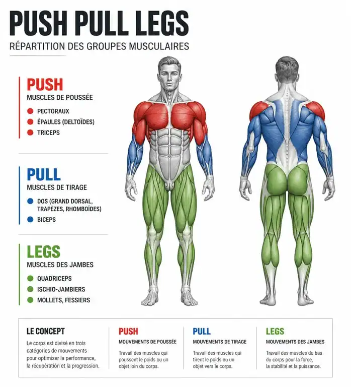 Schéma anatomique illustrant la répartition musculaire du programme d'entraînement Push Pull Legs