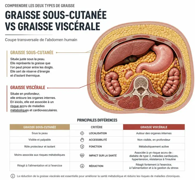 Schéma comparatif de la graisse viscérale et sous-cutanée pour comprendre l'indice de graisse viscérale