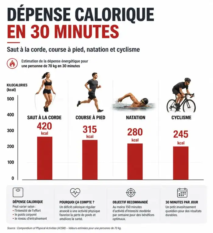 Comparatif des calories brûlées : saut à la corde vs course à pied, natation et cyclisme pour la perte de poids