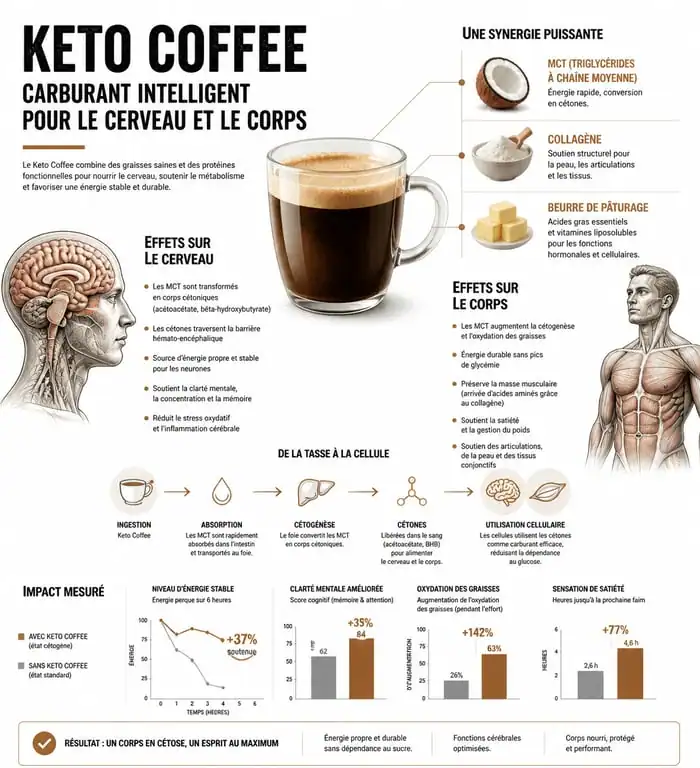 Infographie sur les bienfaits métaboliques et la composition nutritionnelle du keto coffee