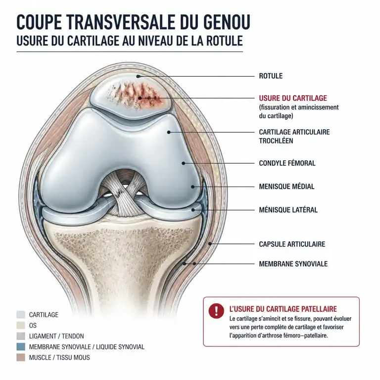 Schéma anatomique du genou illustrant une chondropathie de stade 3 avec usure du cartilage rotulien.