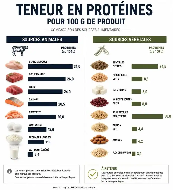 Infographie comparative des sources de protéines animales et végétales pour 100g