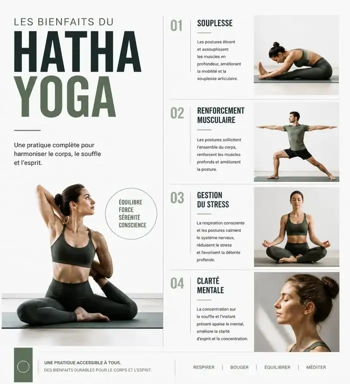 Infographie des bienfaits du Hatha Yoga pour le corps et l'esprit