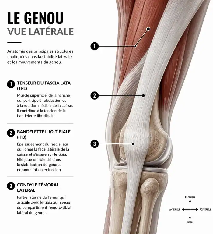 Schéma anatomique du syndrome de l'essuie-glace genou montrant la bandelette ilio-tibiale