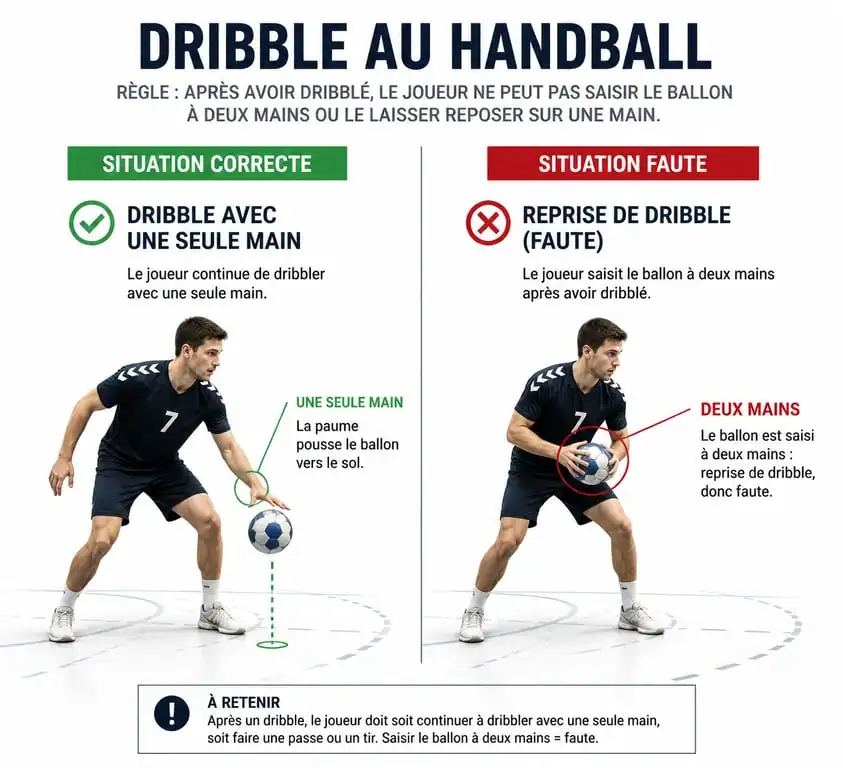 Schéma illustrant la reprise de dribble au handball : dribble autorisé vs faute de reprise de dribble