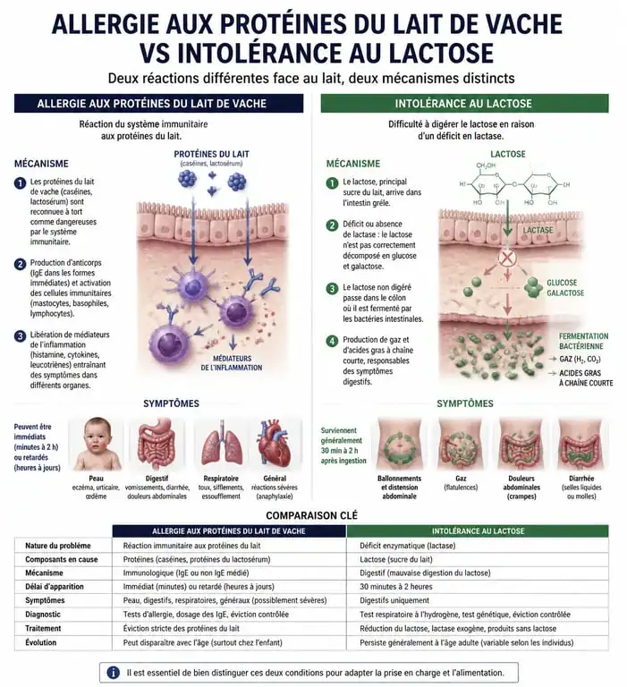 Infographie comparant l'allergie aux protéines du lait de vache et l'intolérance au lactose