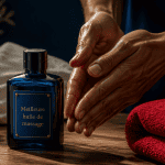 meilleure huile de massage flacon bleu mains
