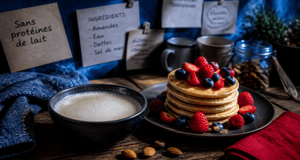 bol de lait végétal et pancakes sans proteine du lait de vache