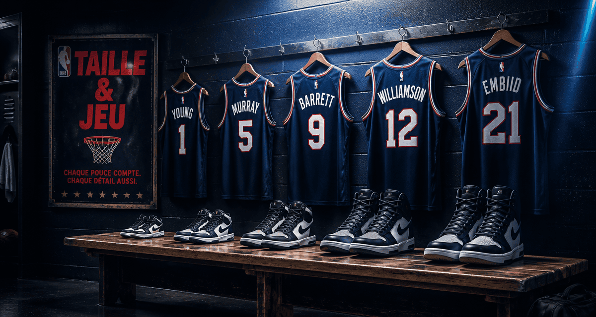 Taille basketteur NBA baskets alignées vestiaire