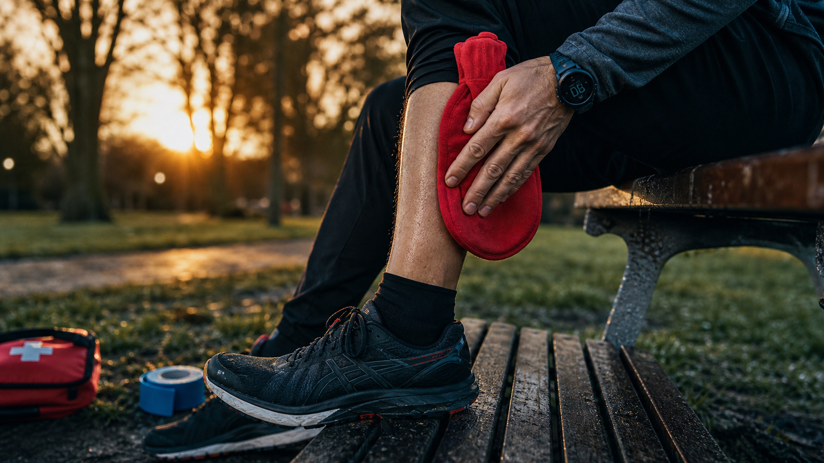 Contracture au mollet que faire : bouillotte chaude sur le mollet du coureur