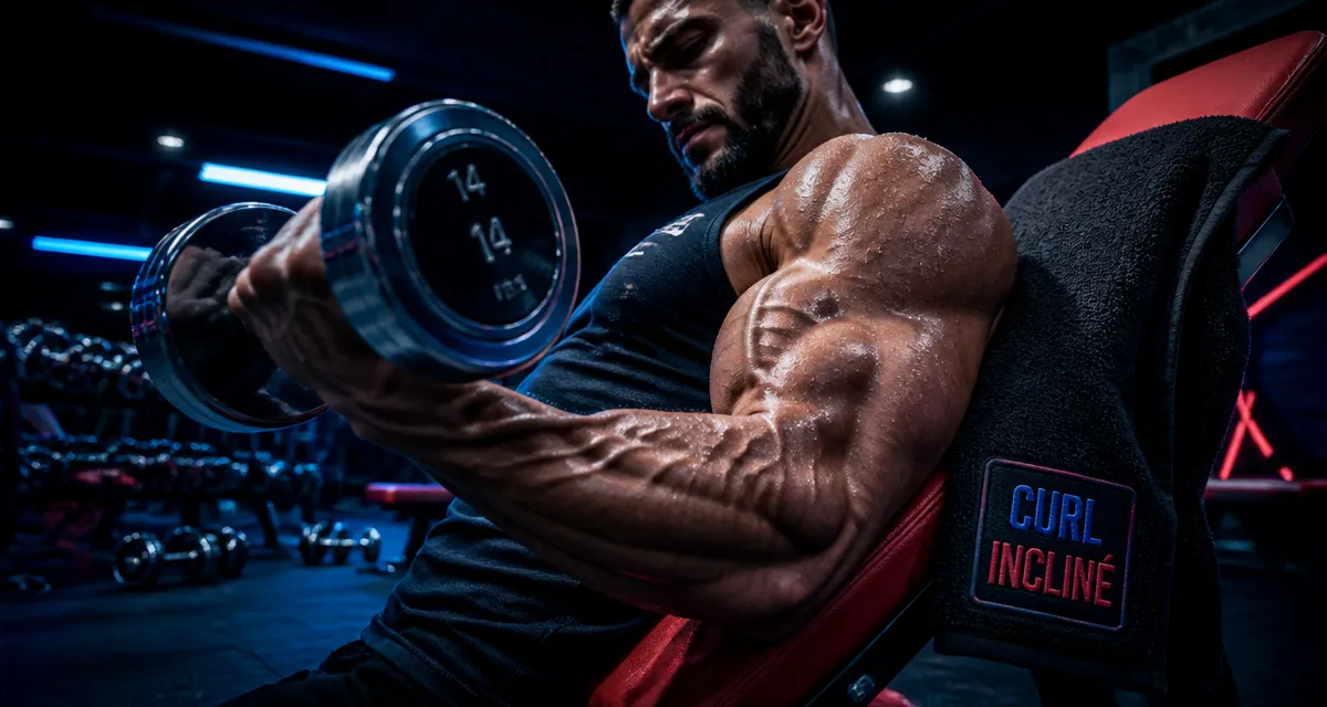 Athlète faisant un curl incliné en salle de musculation