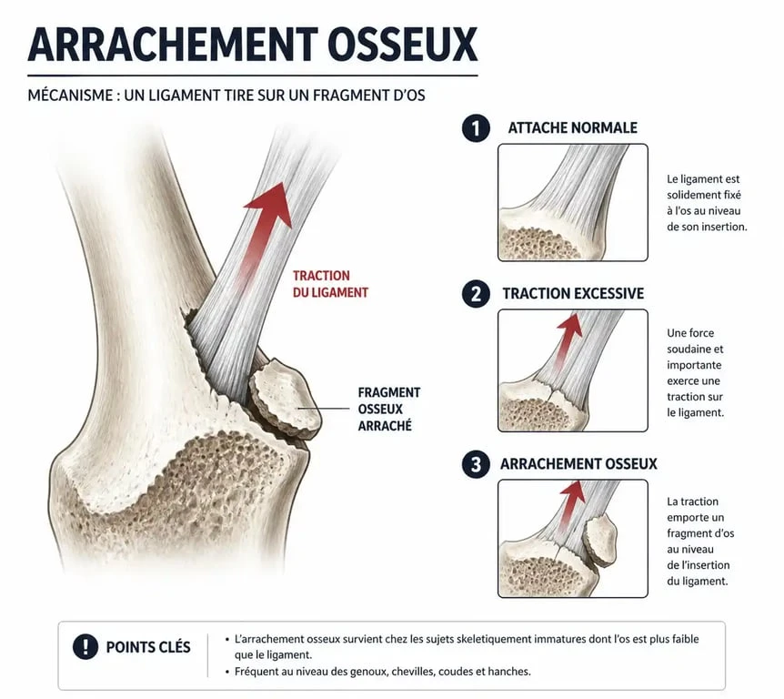 Schéma illustrant le mécanisme d'un arrachement osseux et le temps de guérison