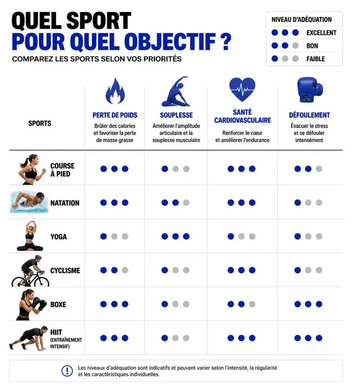 Infographie comparative des sports pour choisir son activité physique selon ses objectifs de santé et bien-être
