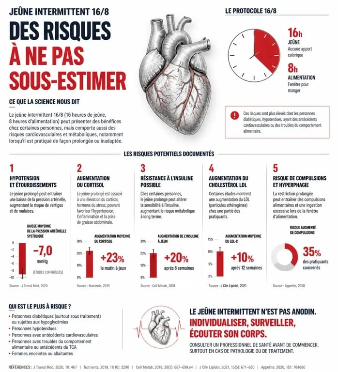 Infographie sur les risques du jeûne intermittent 16/8 pour la santé cardiovasculaire
