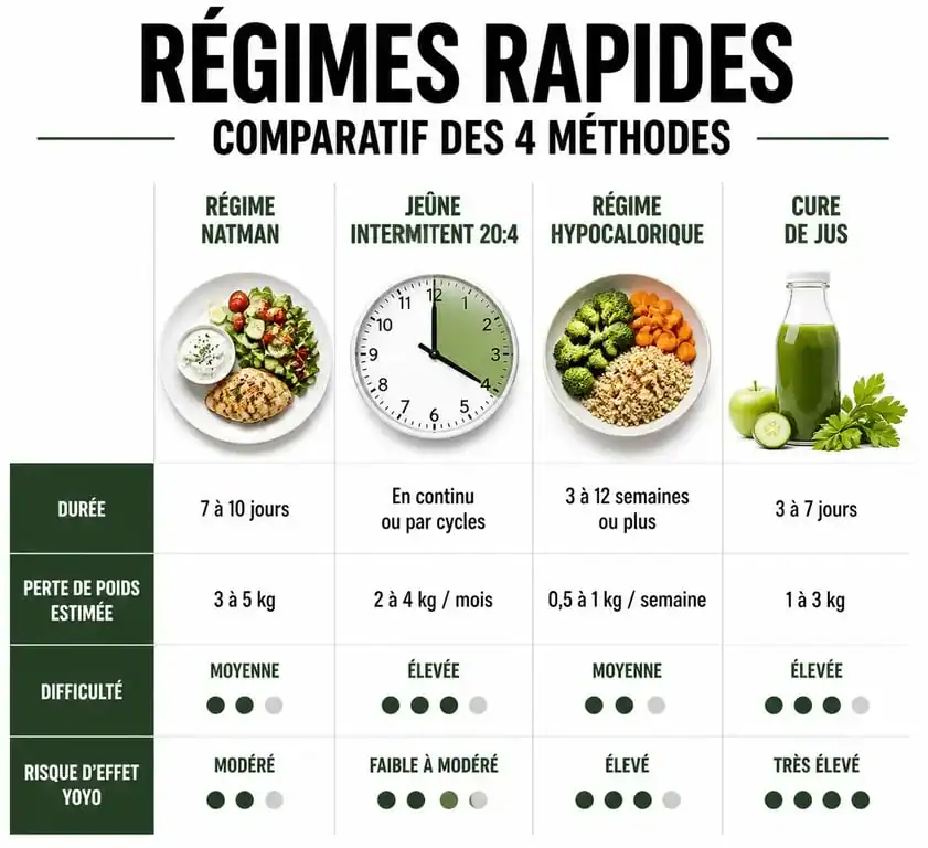 Tableau comparatif des méthodes pour un régime rapide et efficace : Natman, jeûne intermittent, hypocalorique et cure de jus.