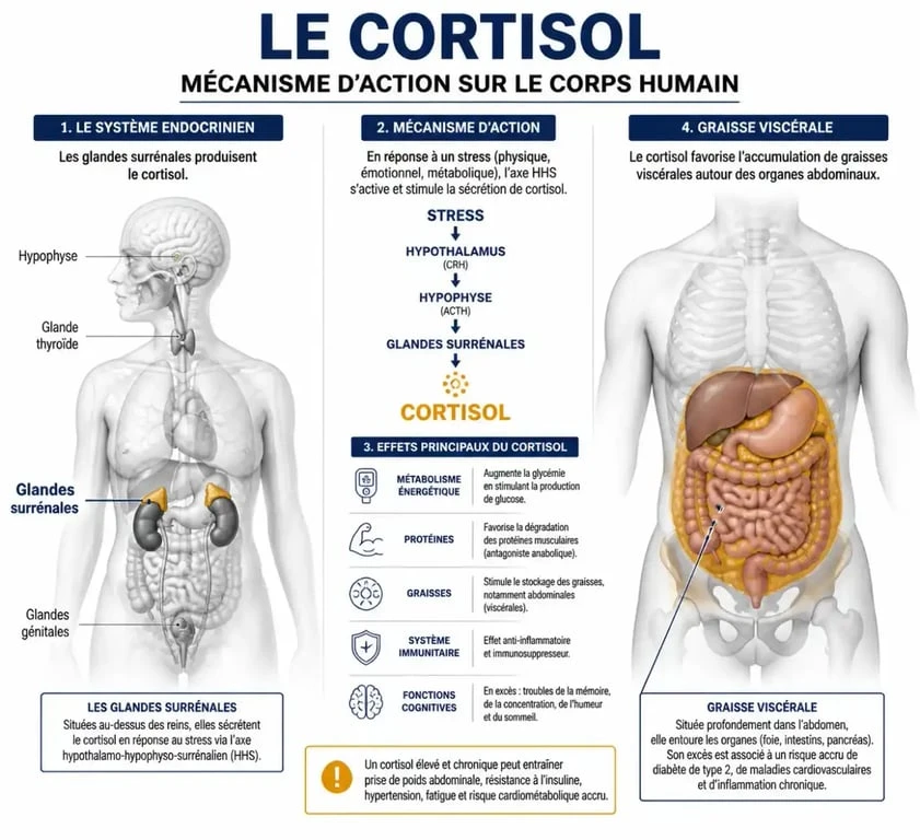 Schéma explicatif du lien entre taux de cortisol élevé et ventre gonflé par accumulation de graisse viscérale