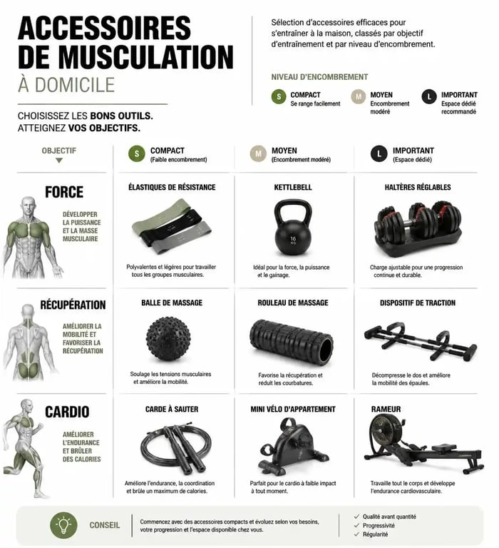 Infographie des accessoires de musculation maison pour optimiser son entraînement