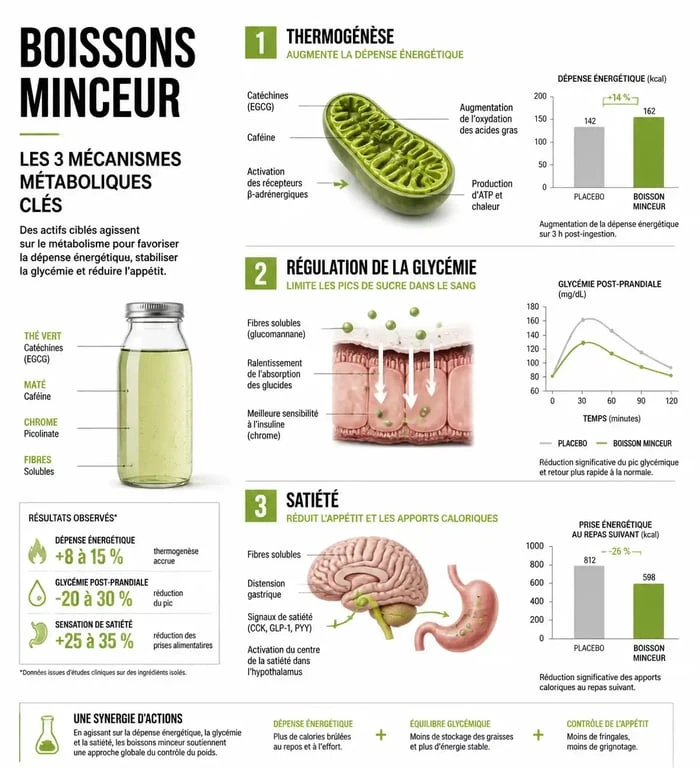 Infographie sur les mécanismes d'action des boissons pour perdre du poids : thermogenèse et satiété.