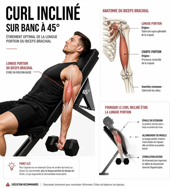 Schéma anatomique du curl incliné pour le développement des biceps