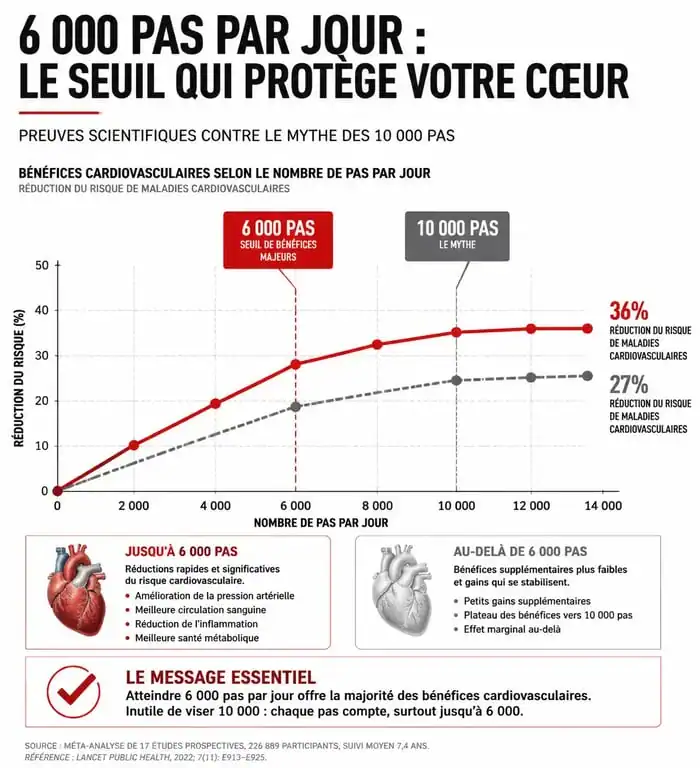 Infographie scientifique sur les bénéfices santé des 6000 pas par jour