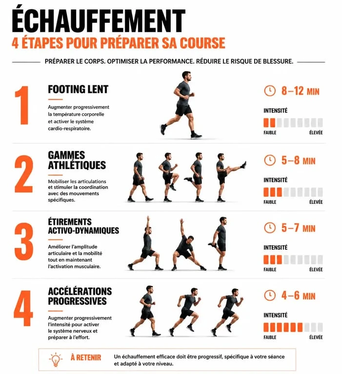 Infographie des étapes de l'échauffement pour bien courir et éviter les blessures