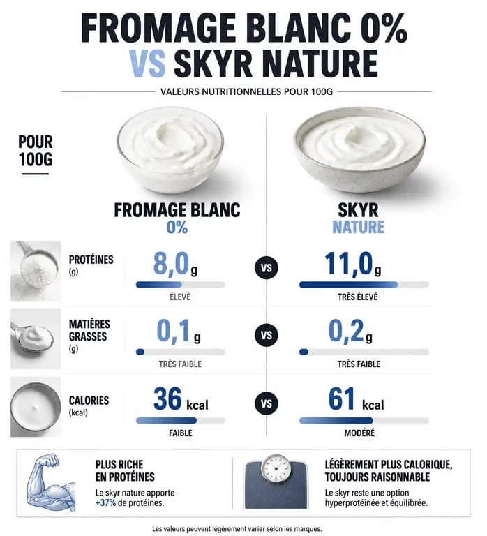 Infographie comparative des valeurs nutritionnelles entre le fromage blanc protéiné et le skyr pour une alimentation équilibrée