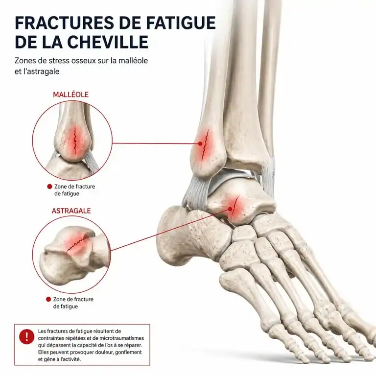 Schéma anatomique illustrant une fracture de fatigue de la cheville au niveau de la malléole