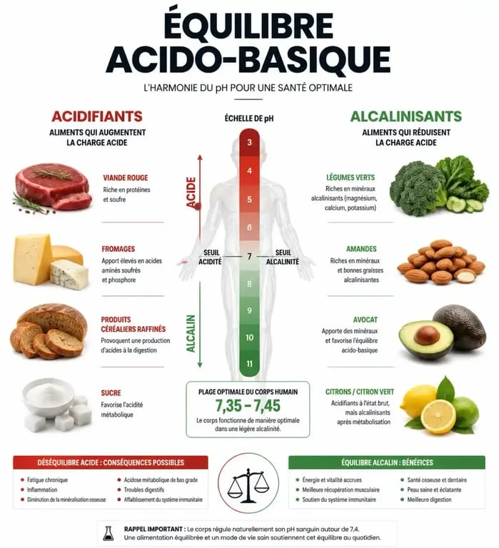 Infographie sur l'équilibre acido-basique et les aliments à éviter pour limiter l'acide lactique