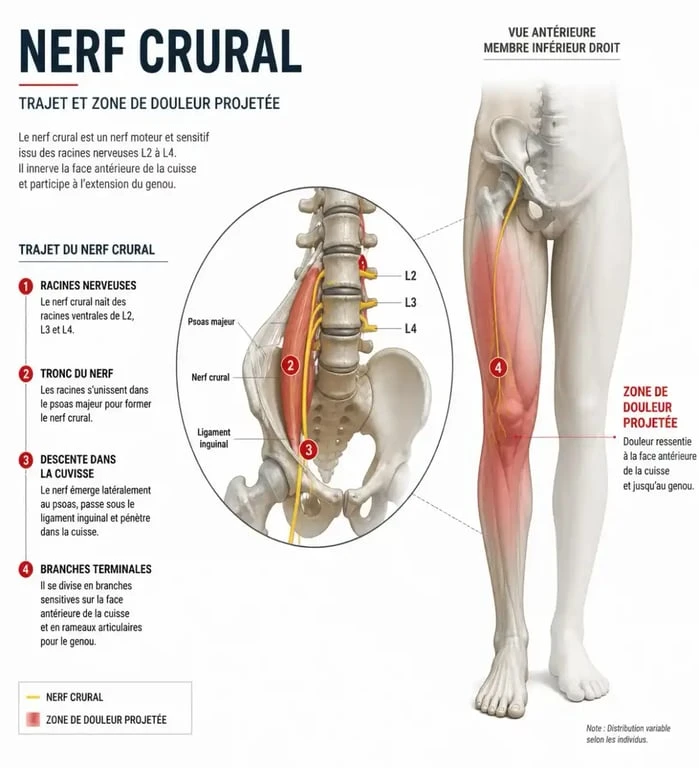 Schéma anatomique du trajet du nerf crural et zone de douleur au genou en cas de cruralgie
