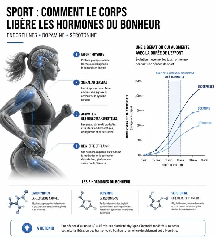 Infographie sur le lien entre hormone du bonheur et sport : processus de libération des endorphines et dopamine