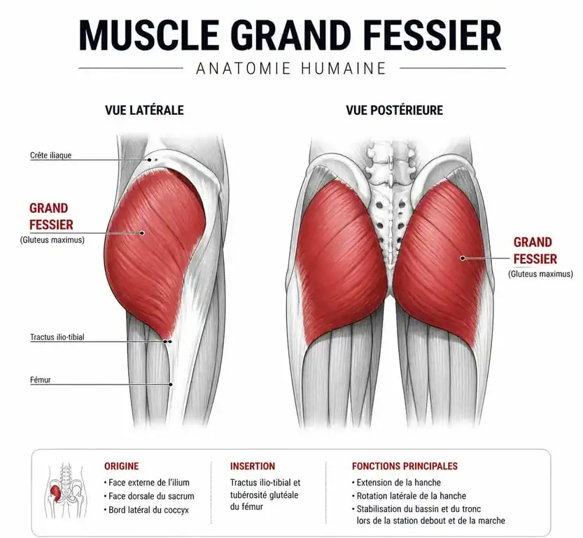 Schéma anatomique du grand fessier pour comprendre comment muscler le grand fessier efficacement