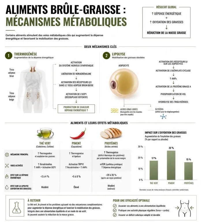 Infographie expliquant les mécanismes des aliments brûle-graisse et leur effet sur le métabolisme