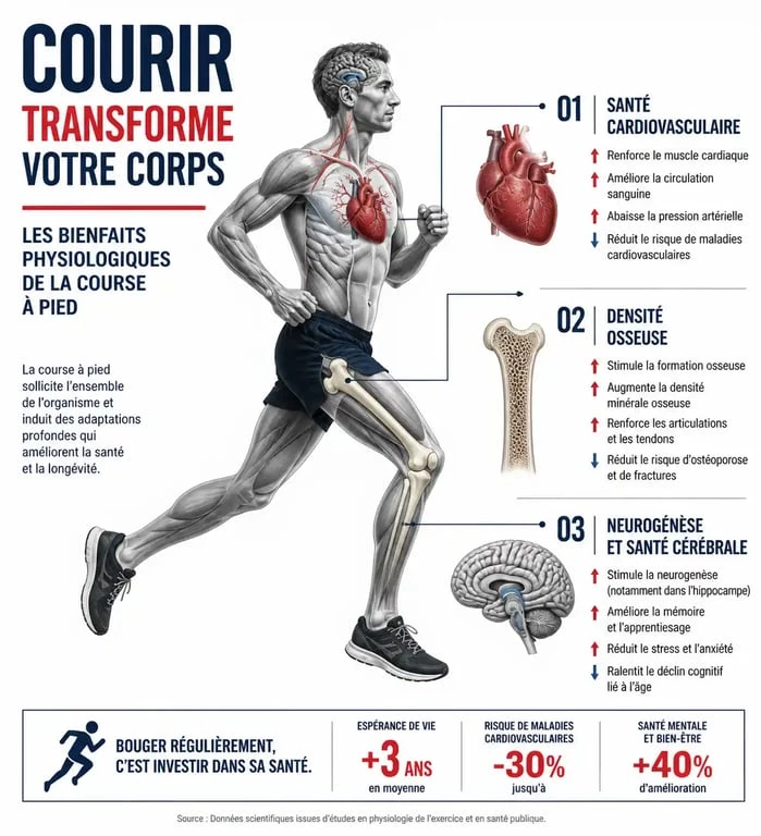Infographie illustrant les bienfaits de la course à pied sur la santé physique et mentale