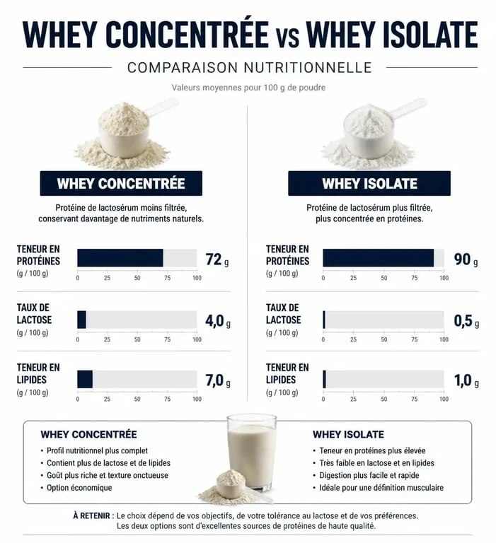 Infographie comparative des différences entre whey concentrée et whey isolate pour le choix de compléments alimentaires