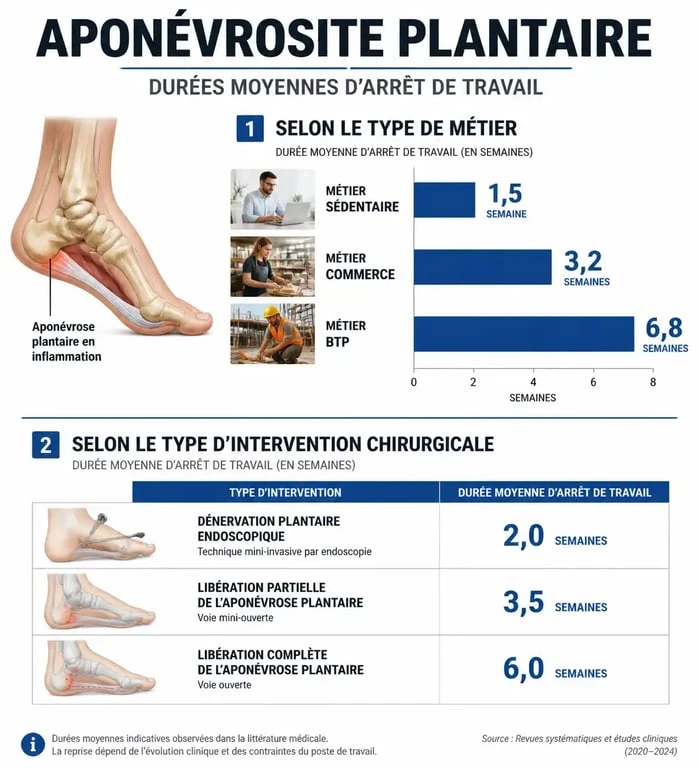 Infographie des durées d'arrêt de travail pour une aponévrosite plantaire selon le métier et le traitement