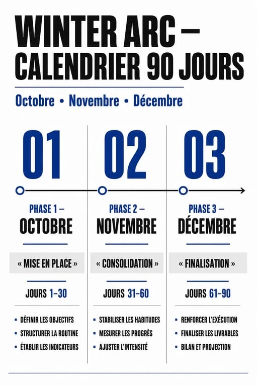 Infographie du calendrier Winter Arc sur 90 jours pour une transformation physique et mentale