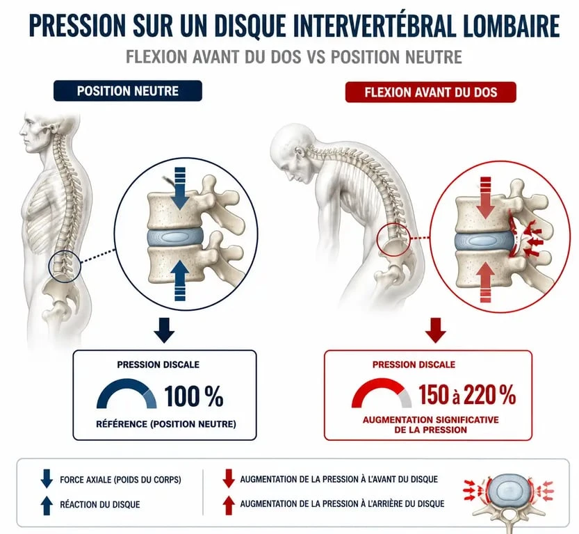 Schéma illustrant la pression sur les disques intervertébraux lors de mouvements interdits en cas de hernie discale