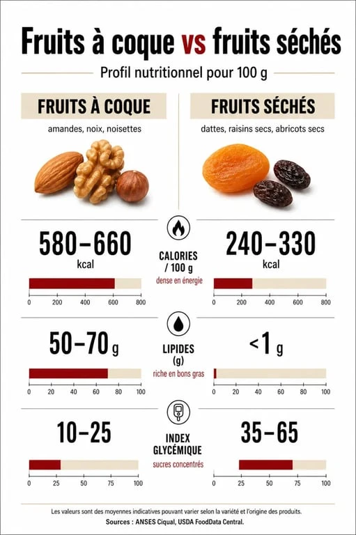Infographie comparative des apports nutritionnels et calories des fruits secs et oléagineux pour comprendre si les fruits secs font grossir