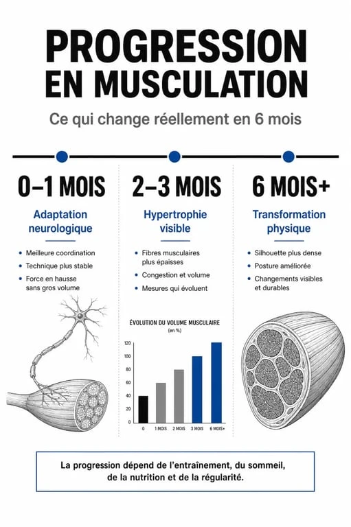 Infographie de la progression physique en musculation 5 fois par semaine
