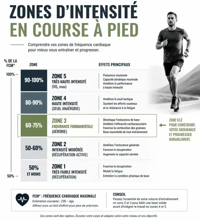 Infographie des zones d'entraînement en course à pied pour calculer son endurance fondamentale