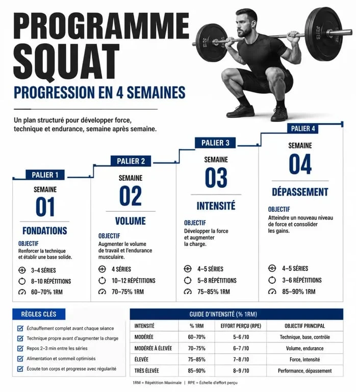 Infographie du programme squat femme sur 30 jours pour tonifier les jambes et fessiers