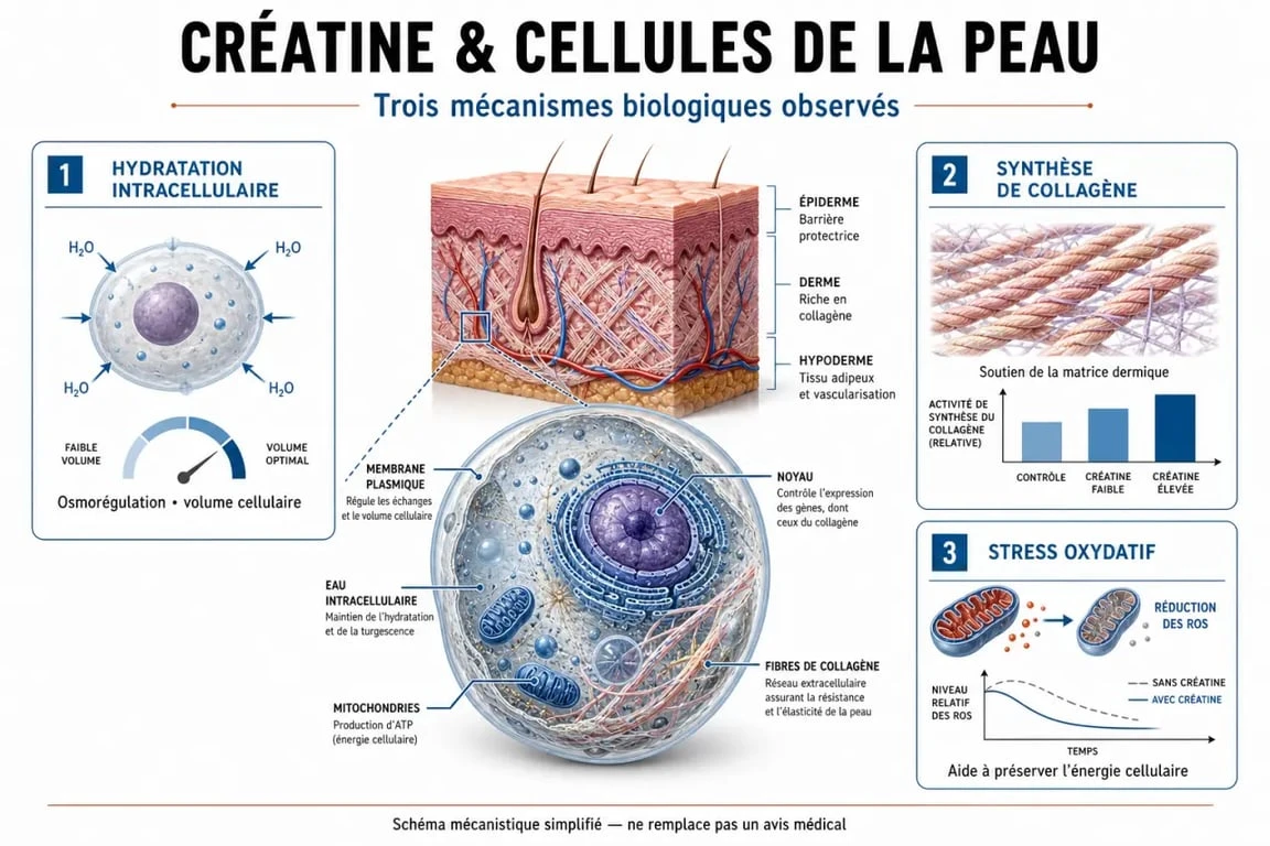Infographie expliquant les effets bénéfiques de la créatine sur la peau, l'hydratation et la fermeté cutanée.