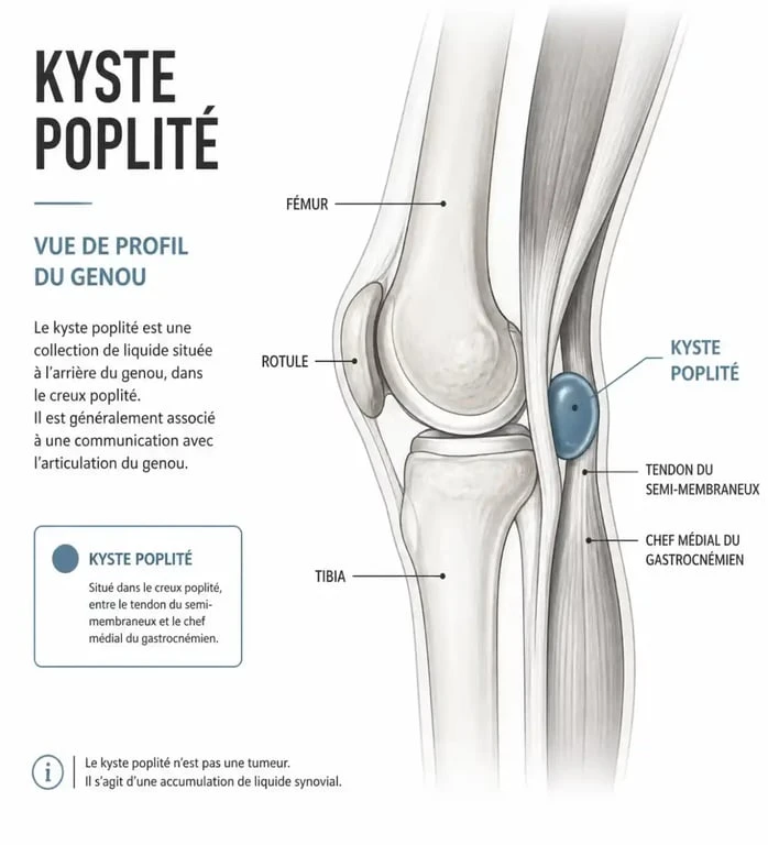 Schéma anatomique illustrant la localisation d'un kyste poplité derrière le genou pour comprendre combien de temps dure un kyste poplité.