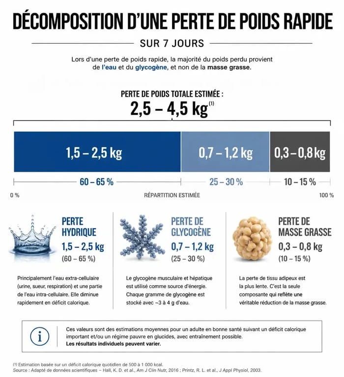 Infographie sur la composition de la perte de poids rapide : eau, glycogène et graisse