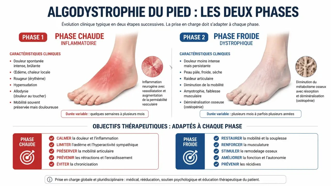 Infographie des phases de l'algodystrophie du pied et traitement
