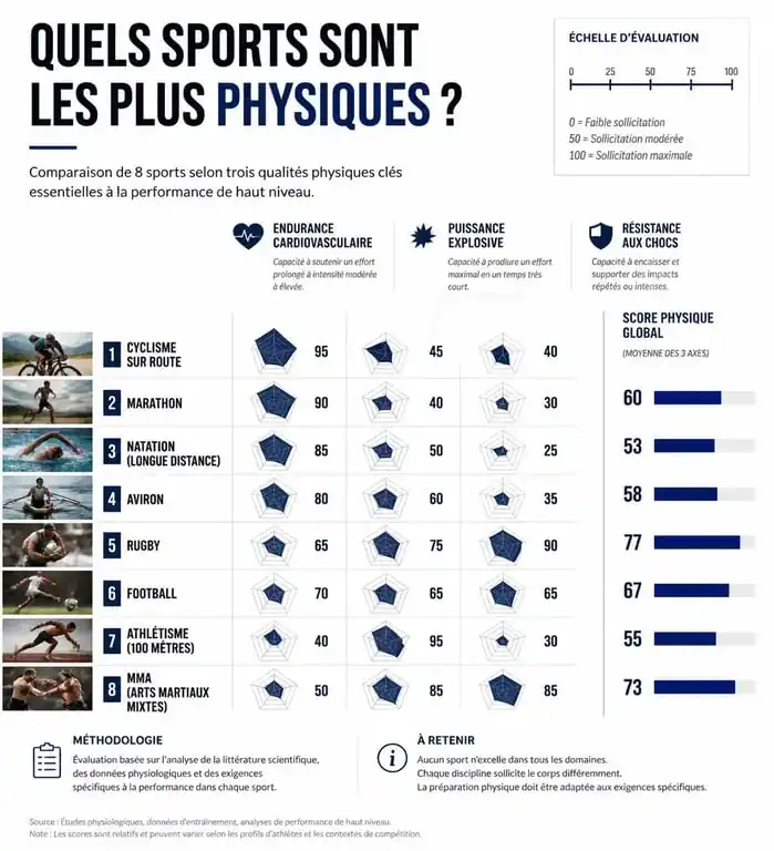 Infographie comparative des sports les plus physiques selon l'endurance, la puissance et la résistance