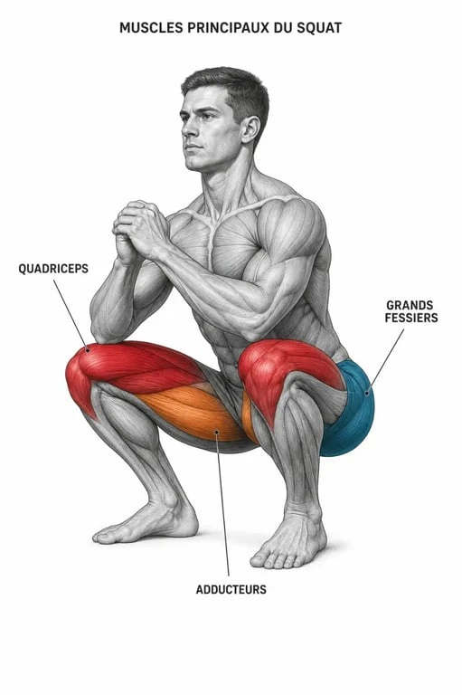 Schéma des muscles sollicités lors du squat : quadriceps, fessiers et adducteurs