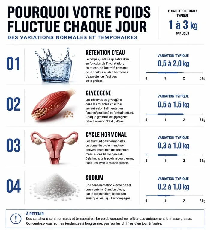 Infographie expliquant les causes des fluctuations de poids lors d'une pesée quotidienne